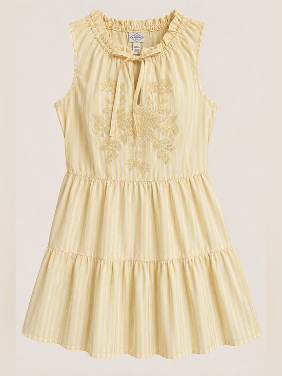 St. John's Bay Dresses & Skirts - St. John’s Bay Yellow Striped Embroidered Cotton Tiered Dress Large Pockets